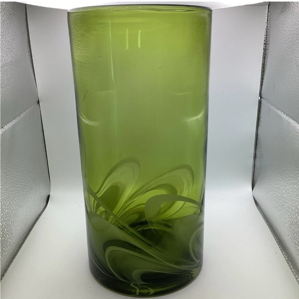 Pier 1 Imports Hand Blown Green Glass Vase 10” Tall Wide mouth white swirl